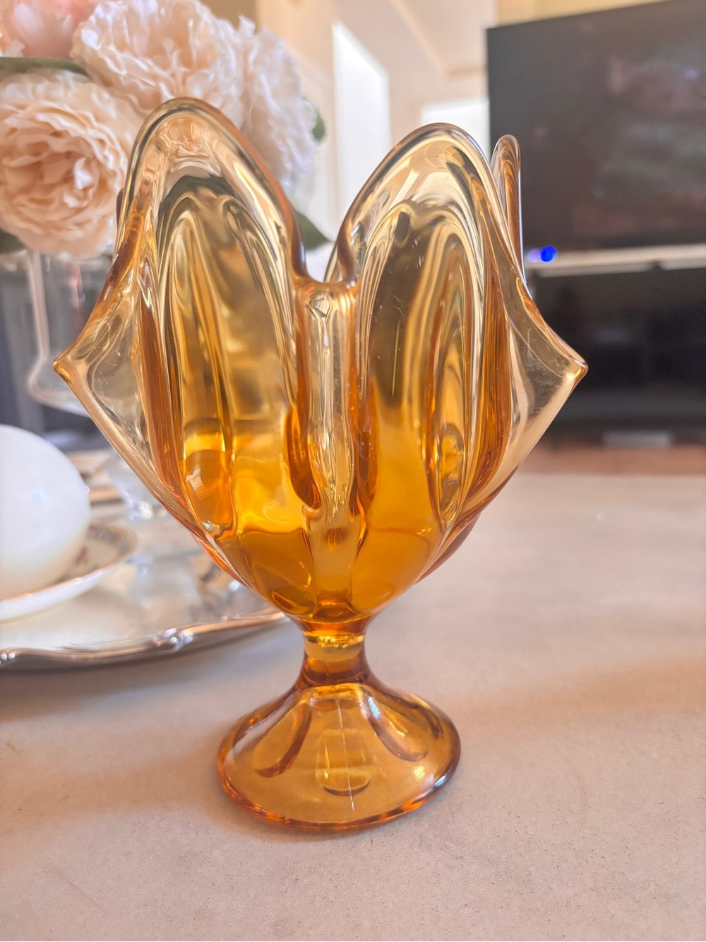 L.E. Smith Amber Art Glass Tulip Vase - Pedestal Compote